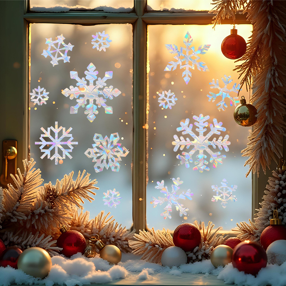 Snowflake Window Decal - Электростатические разноцветные наклейки-снежинки на стену и