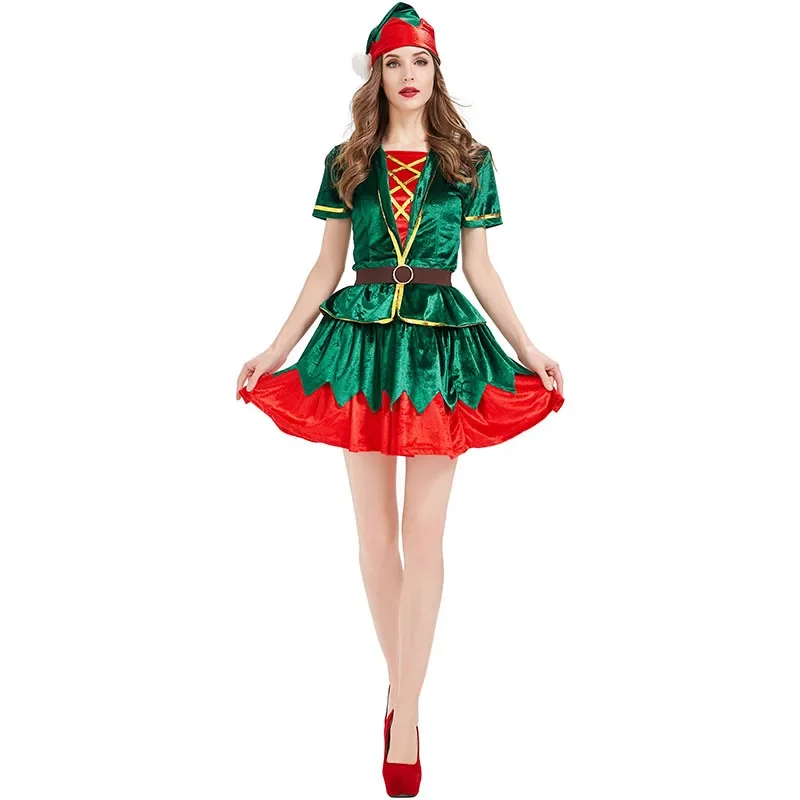 Elf Costume Christmas - Женский рождественский костюм зеленого эльфа Санта-Клауса,