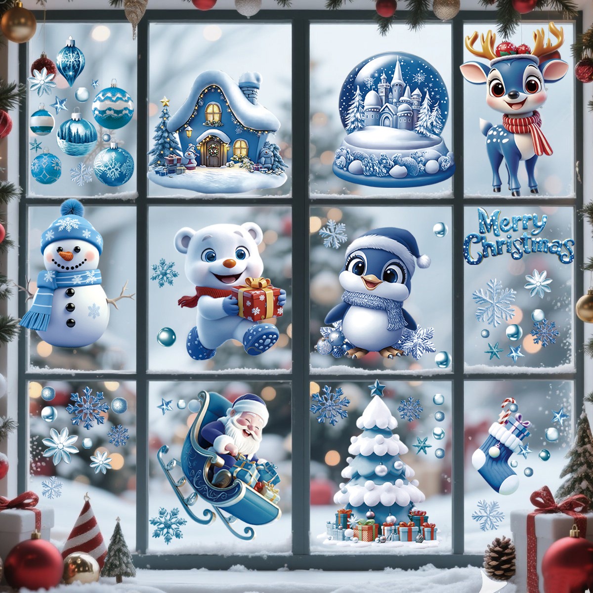 Snowflake Window Decal - Синие рождественские наклейки: мультяшные Деды Морозы,